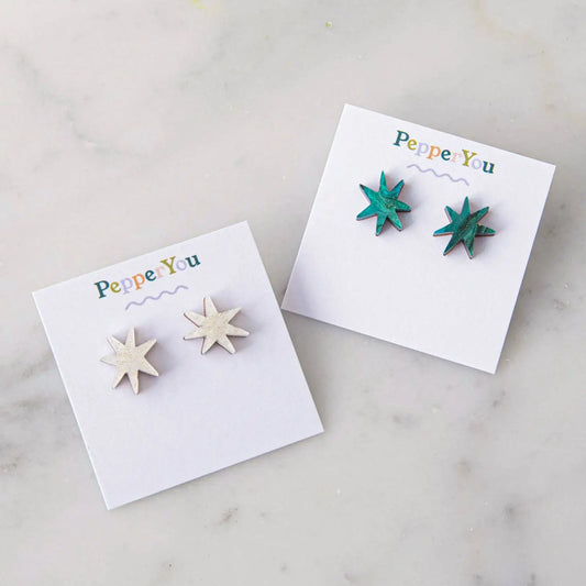 Hand Drawn Star Studs in Marble White